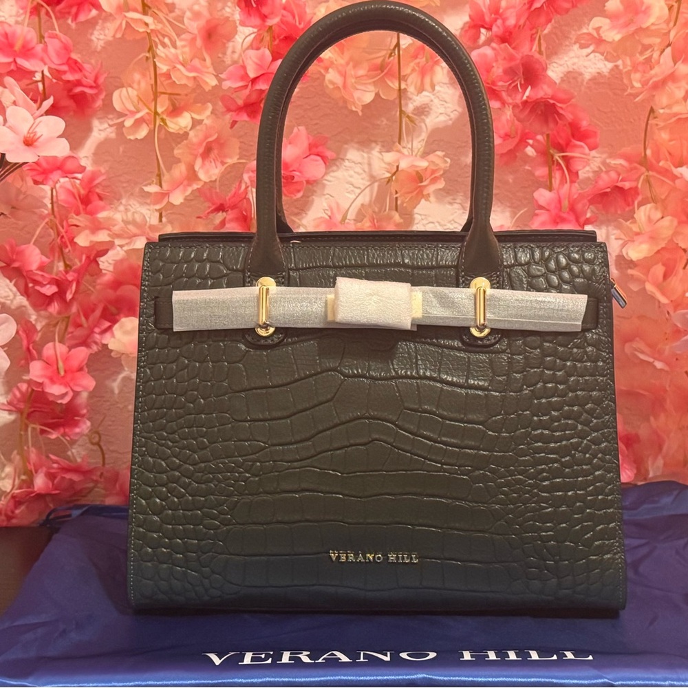 Verano Hill Olive Crocodile-Embossed Satchel